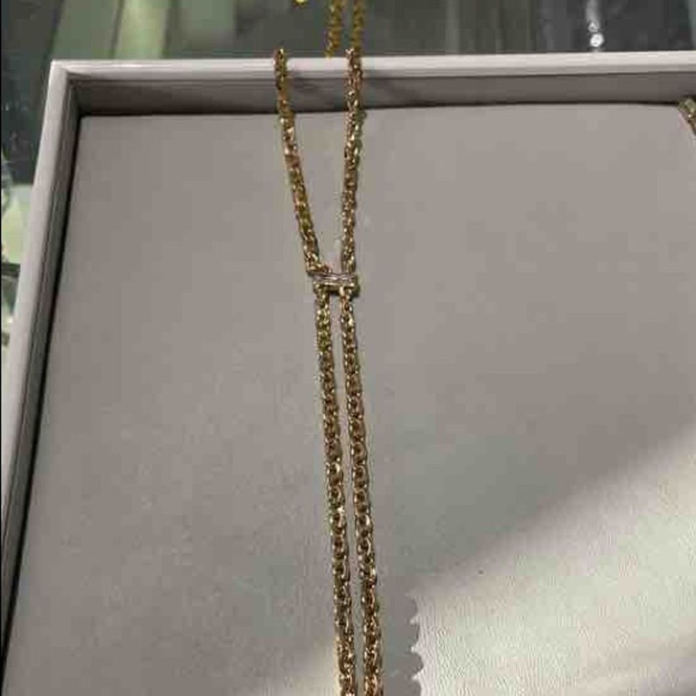 NWT Karl Lagerfeld x Swarovski Crystal Baguette Lariat Liquid Gold Drop Necklace - Picture 3 of 7
